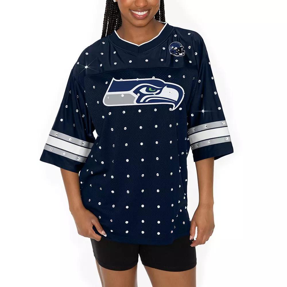Women's Gameday Couture College Navy Seattle Seahawks Kickoff Time Allover Rhinestone Sports Stripe Jersey V-Neck T-Shirt, Size: Small, Team Product Image