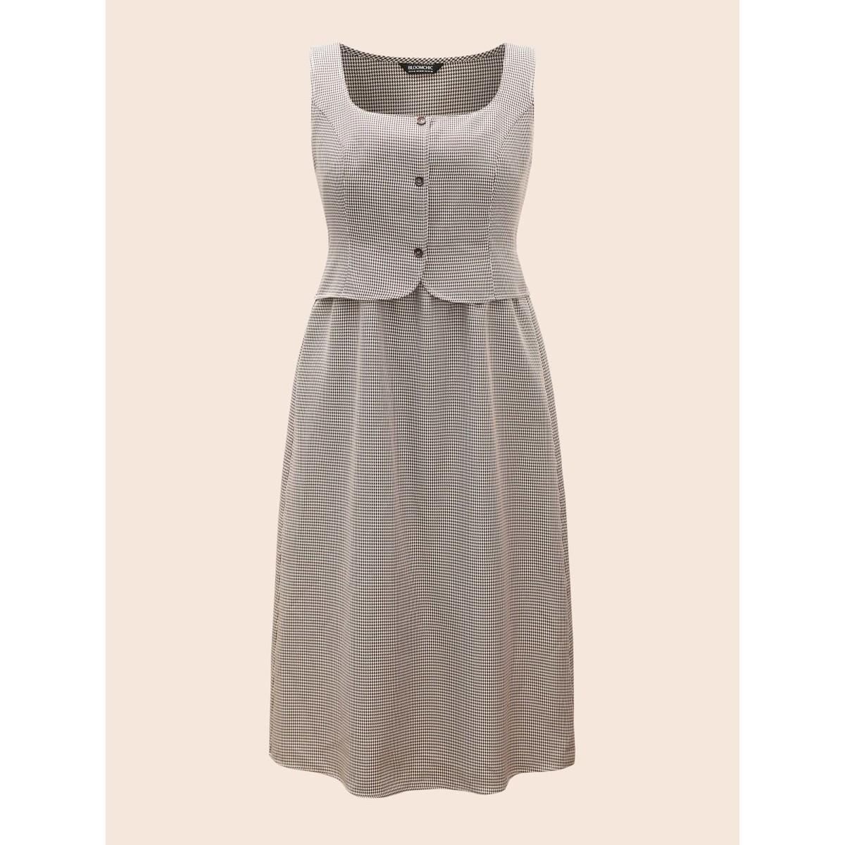 Plus Size Square Neck Houndstooth Elastic Waist Dress Browncoffeecolor Women At the Office Button Square Neck Sleeveless Curvy BloomChic 28/5X Product Image