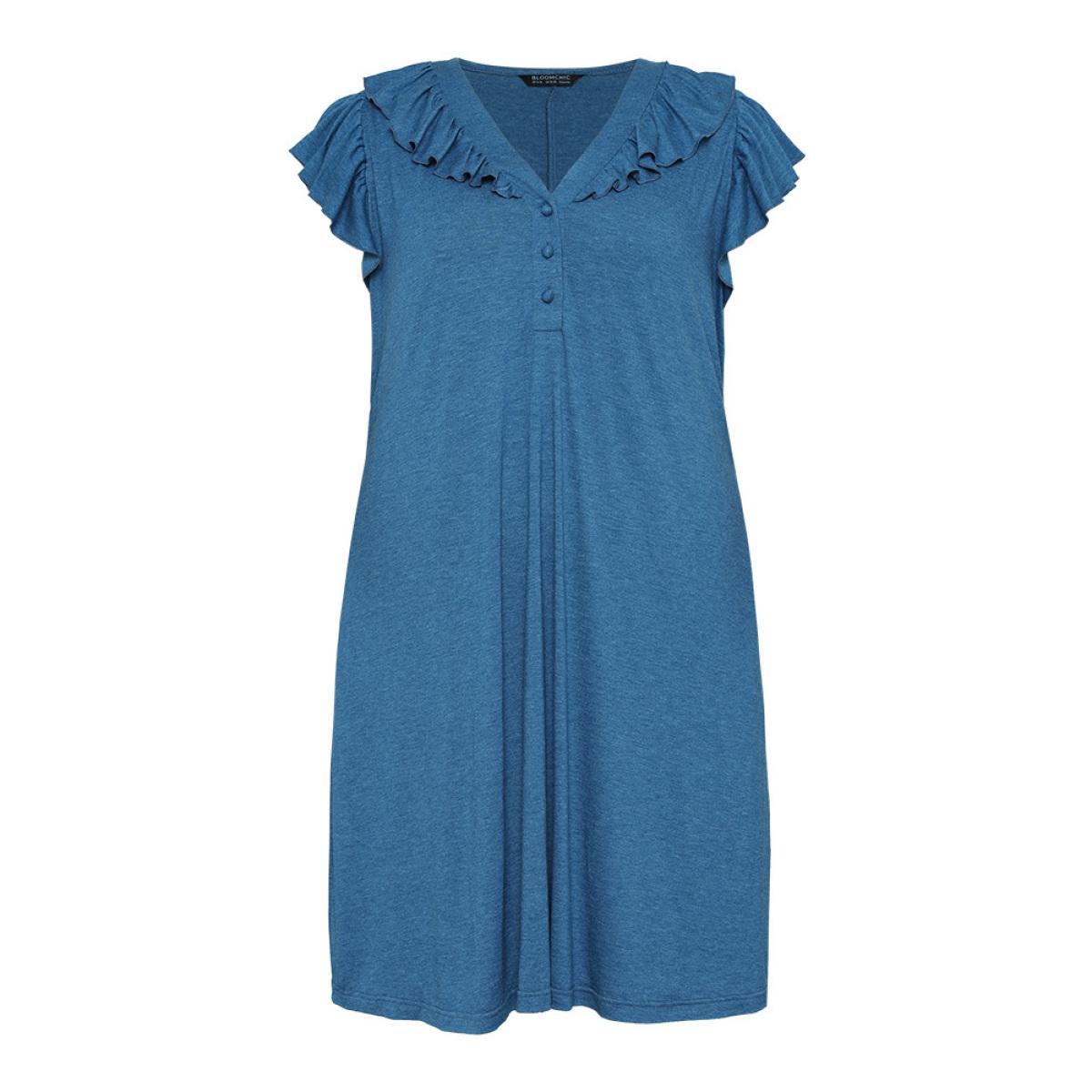 Plus Size Supersoft Essentials Plain Pocket Button Through Flutter Dress Aegean Women Casual Button V-neck Cap Sleeve Curvy Midi Dress BloomChic 30/6X Product Image