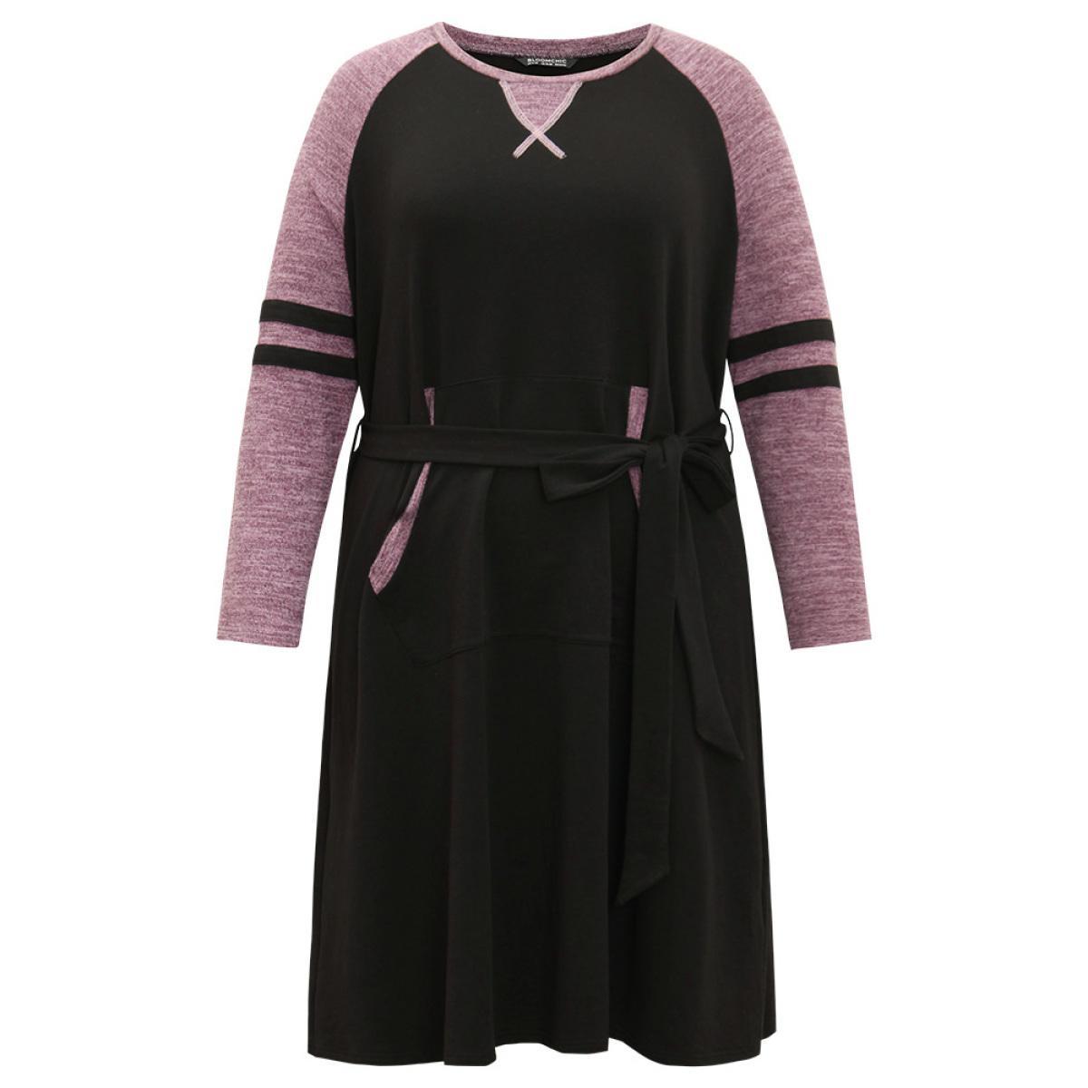 Plus Size Stitch Pocket Striped Patchwork Raglan Sleeve Belted Dress Black Women Casual Belted Round Neck Long Sleeve Curvy Midi Dress BloomChic 10/M Product Image