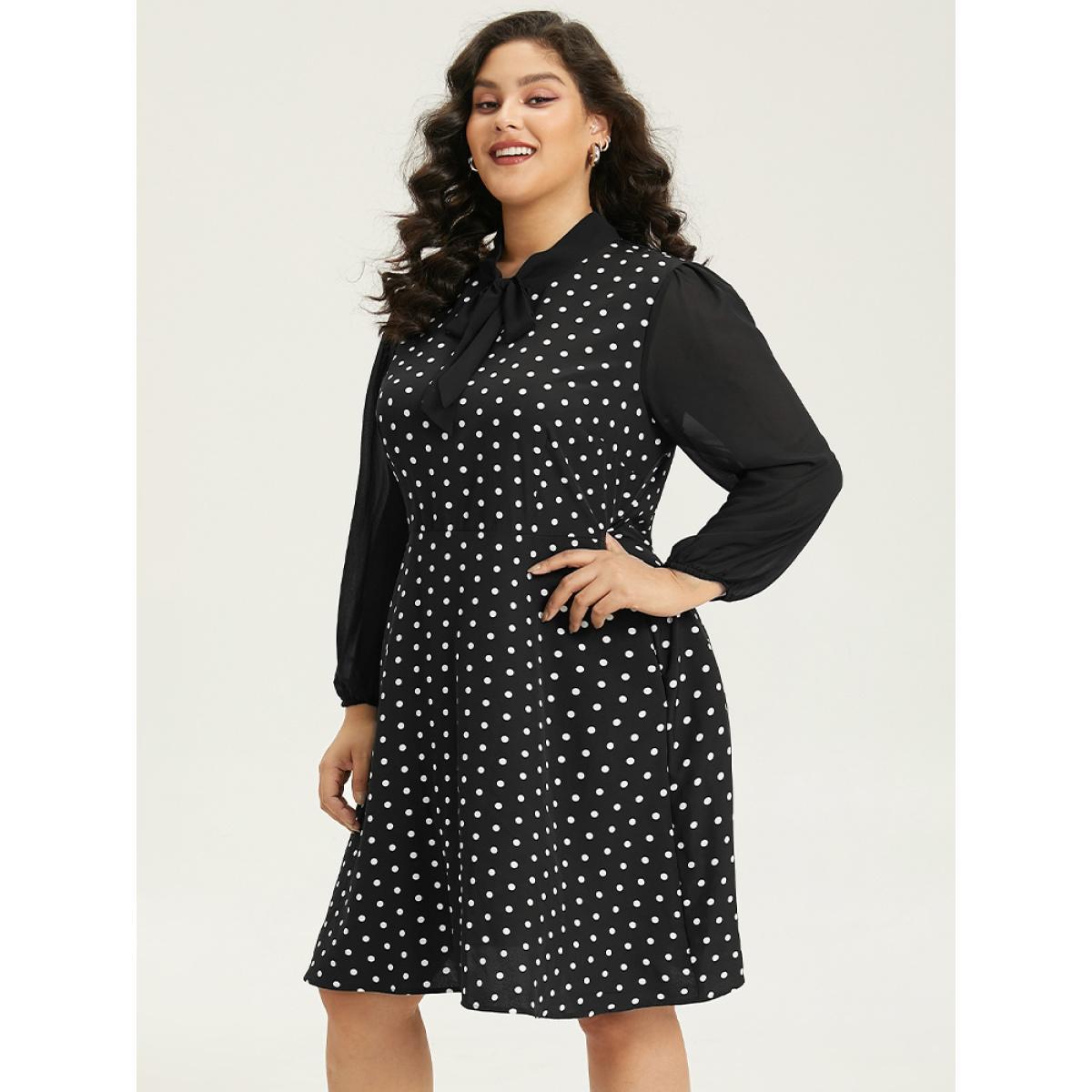 Plus Size Polka Dot Patchwork Knot Lantern Sleeve Dress Black Women Office Elastic cuffs Tie Neck Long Sleeve Curvy Midi Dress BloomChic 28/5X Product Image
