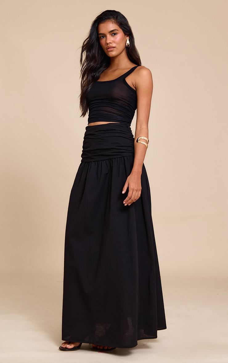 Black Cotton Ruched Waist Maxi Skirt Product Image
