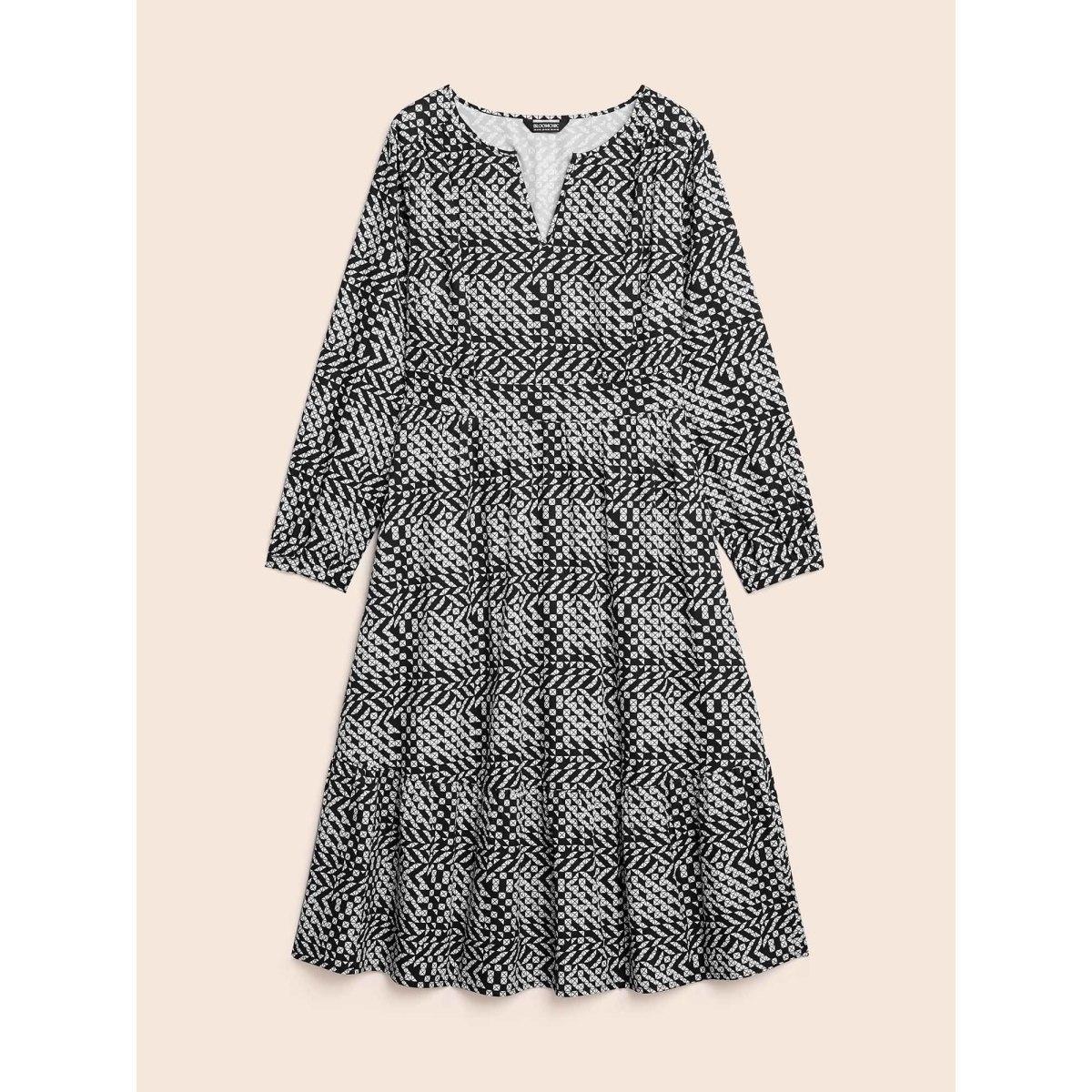 Plus Size Geometric Notched Lantern Sleeve Midi Dress BlackFlower Women At the Office Shirred Flat collar with V-notch Long Sleeve Curvy BloomChic 12/L Product Image