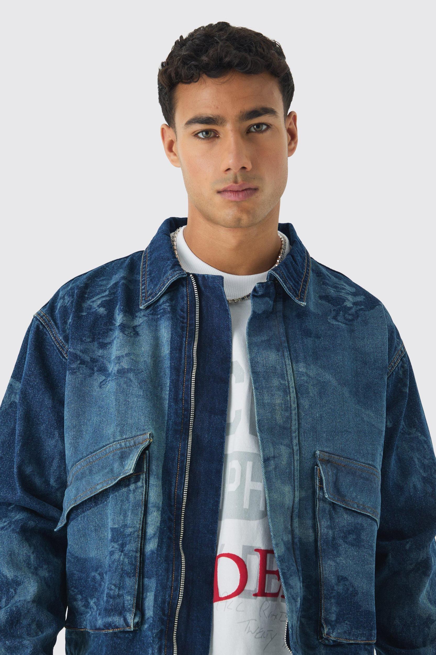 Relaxed Cropped Renaissance Laser Print Jean Jacket | boohooMAN USA Product Image