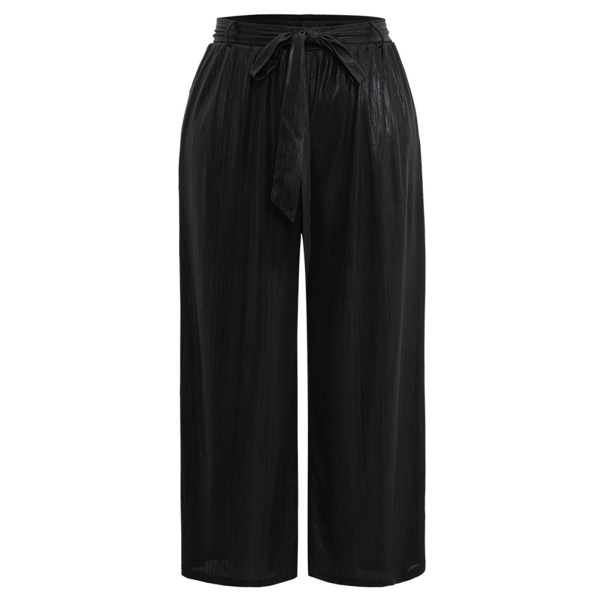 Plus Size Plain Texture Belted High Rise Wide Leg Pants Women Black Glamour Wide Leg High Rise Party Pants BloomChic 30/6X Product Image