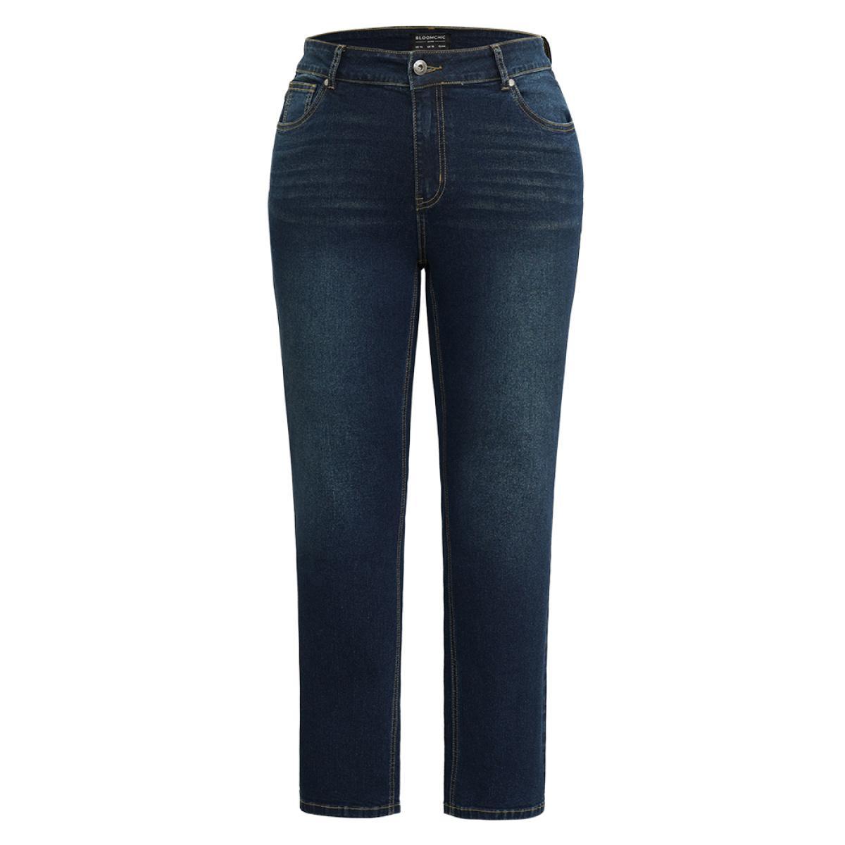 Plus Size Straight Leg Dark Wash Zipper Fly Jeans Women Indigo Casual Plain Pocket High stretch Pocket Jeans BloomChic 26/4X Product Image