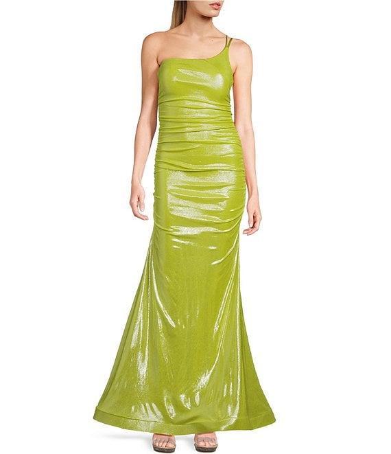 B. Darlin Foil One Shoulder Double Spaghetti Strap Shirred Long Dress Product Image