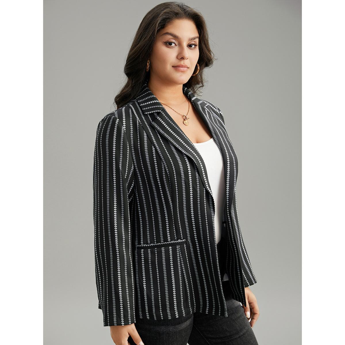 Plus Size Geometric Pocket Contrast Suit Collar Blazer Black Women Dailywear Geometric Contrast Sleeve Long Sleeve Suit Collar 28/5X Pocket Casual Blazers BloomChic Product Image