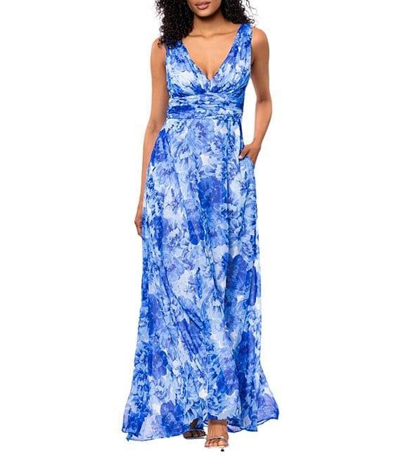 Betsy & Adam Chiffon Floral Print V-Neck Sleeveless A-Line Gown Product Image