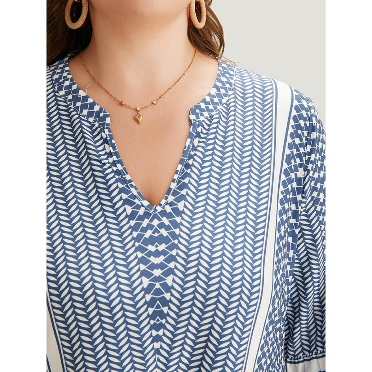 Plus Size Bandana Print Notched Pocket Patchwork Dress Stone Women Vacation Gathered Notched collar Elbow-length sleeve Curvy Midi Dress BloomChic 28/5X Product Image