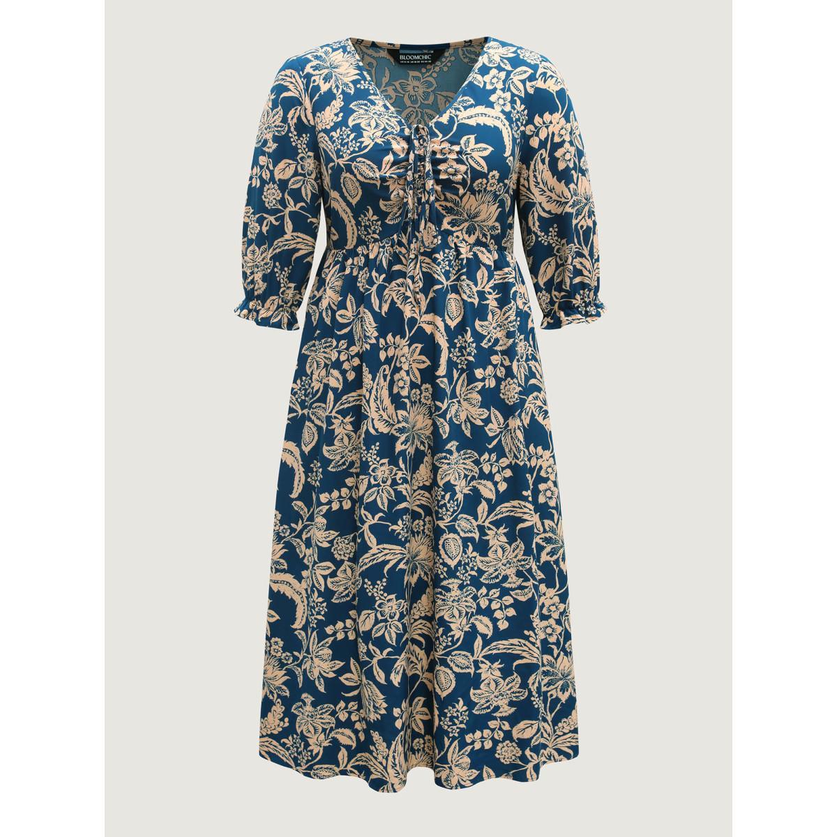 Plus Size Boho Floral Drawstring Pockets Midi Dress Mediumblue Women V-neck Elbow-length sleeve Curvy BloomChic 12/L Product Image