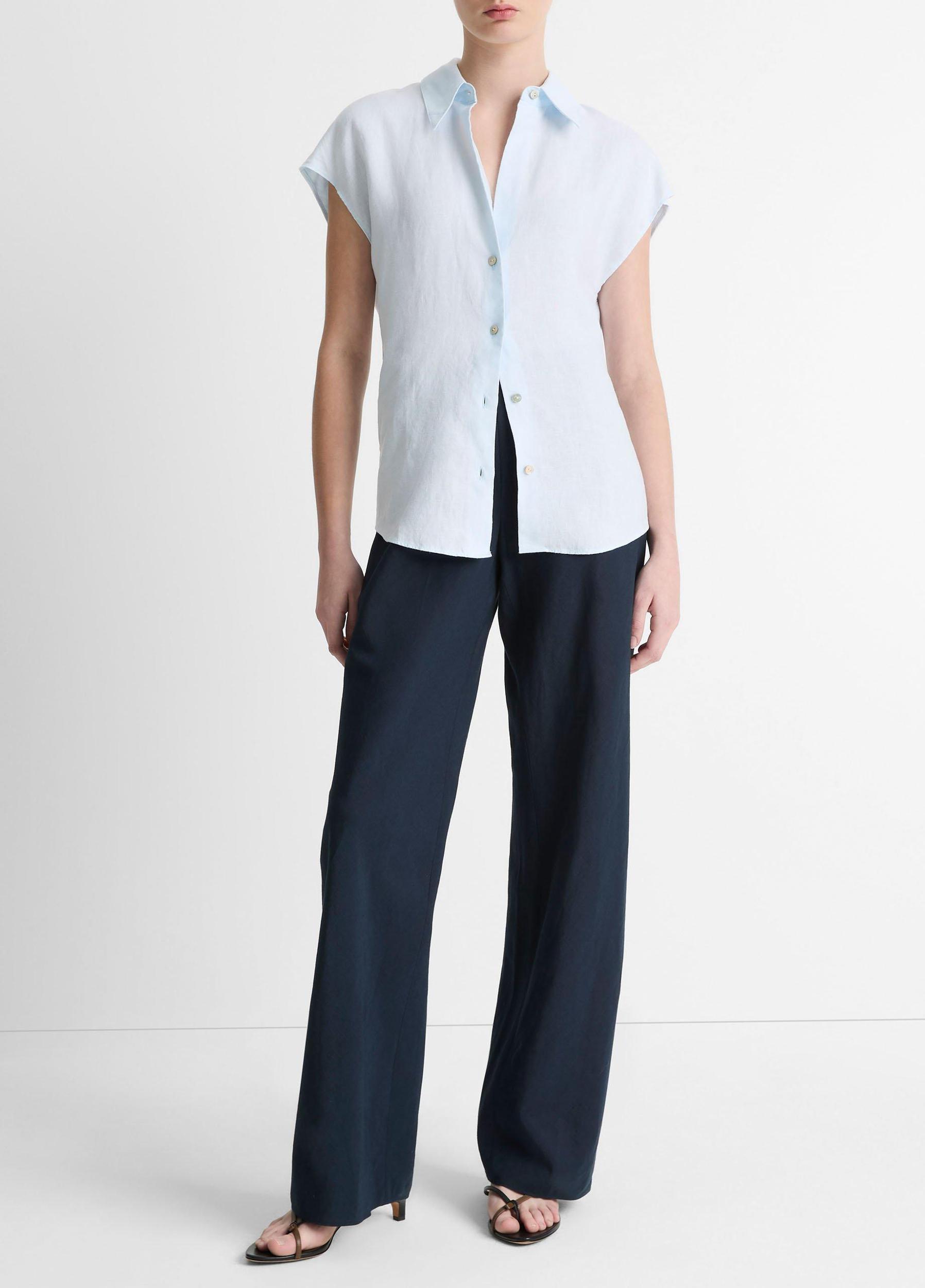 Womens Linen Cap-Sleeve Button-Front Blouse, Sky Mist, Size XXS Vince Product Image