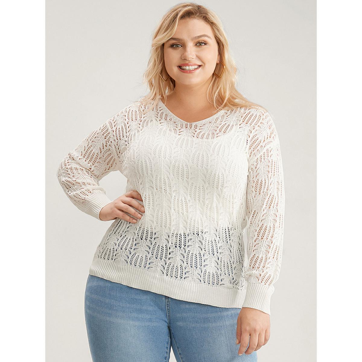 Plus Size Plain Ice Rayon Yarn V Neck Geometric Eyelet Knit Top Beige Women Casual Loose Long Sleeve V-neck Everyday Pullovers BloomChic 30/6X Product Image