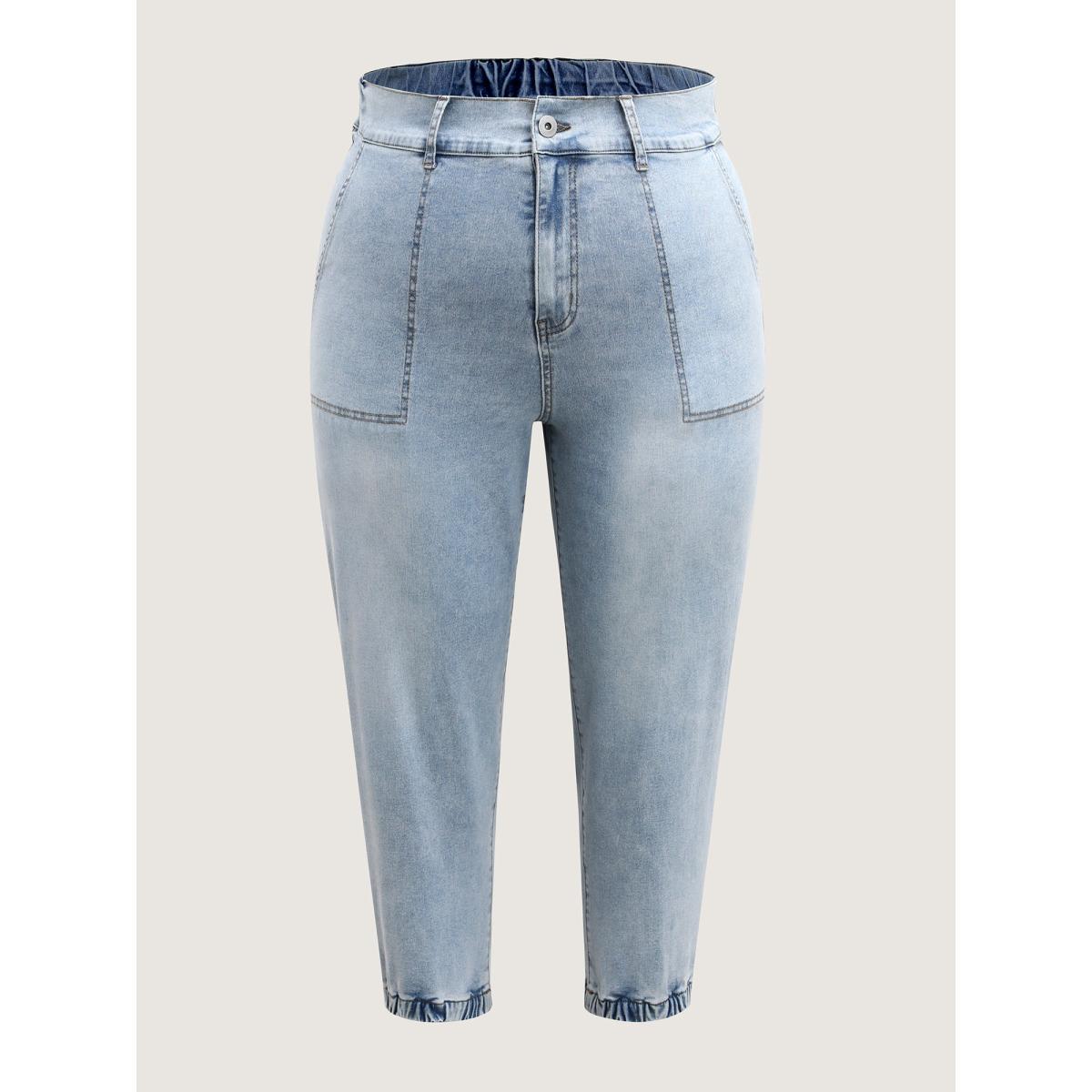 Plus Size Stretchy Waist Boyfriend Jeans Women Midblue Medium stretch Slanted pocket Jeans BloomChic 12/L Product Image