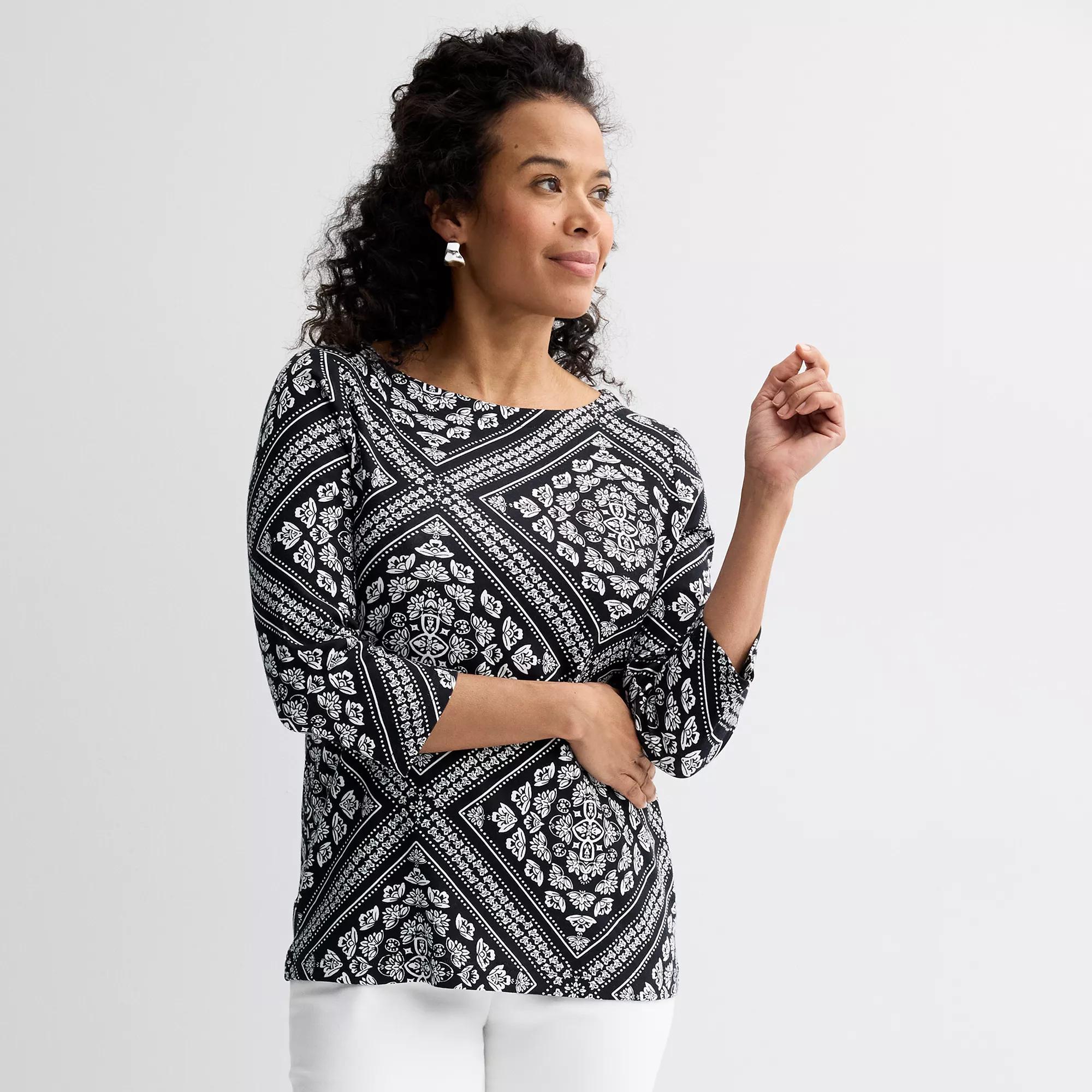 Petite Croft & Barrow® Boatneck Top, Women's, Size: Small Petite, Black Scarf Tile Product Image