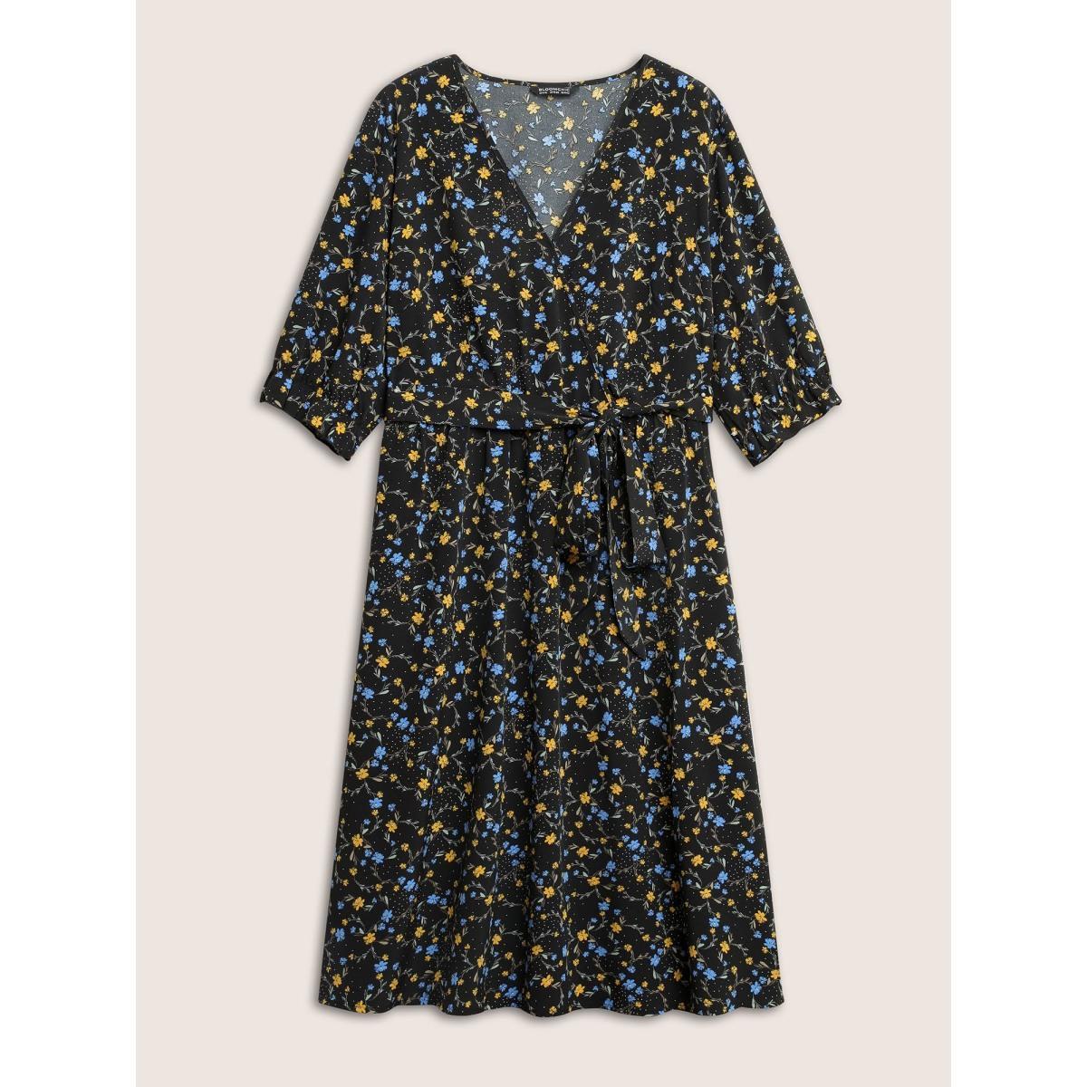 Plus Size Ditsy Floral Ruffle Half Sleeve Belted Dress Black Women Elegant Non Overlap Collar Half Sleeve Curvy Midi Dress BloomChic 18-20/2X Product Image