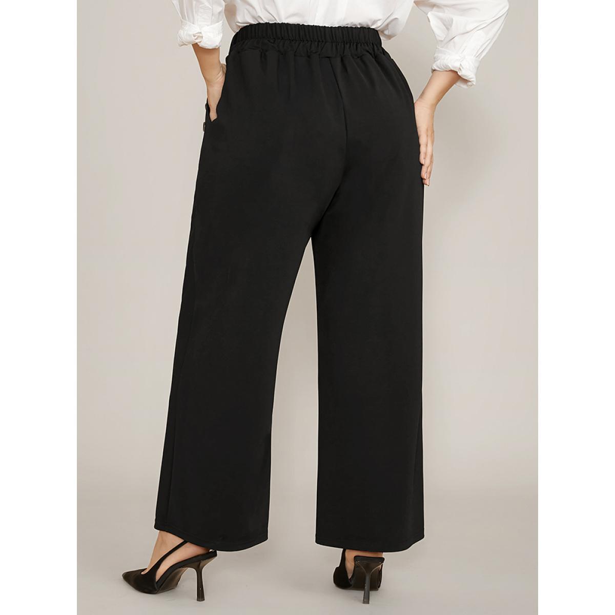 Plus Size Solid Elastic Waist Button Detail Pocket Wide Leg Pants Women Black Office Wide Leg High Rise Work Pants BloomChic 26/4X Product Image