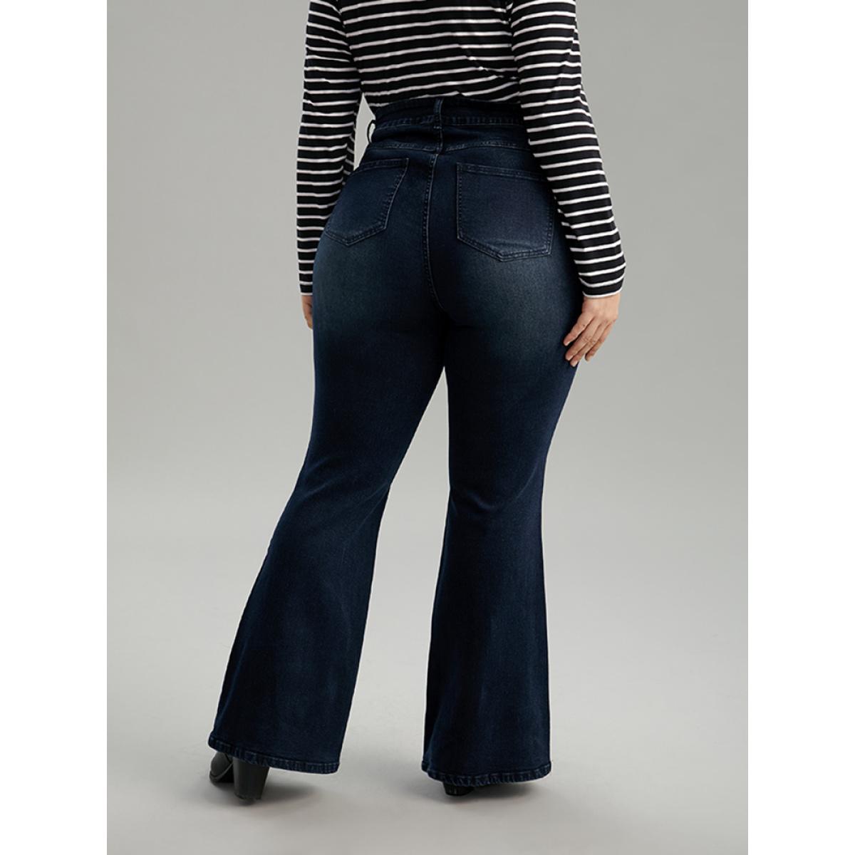 Plus Size Flare Leg Very Stretchy Pleated Patchwork Jeans Women Midnight Casual Plain Plain High stretch Pocket Jeans BloomChic 16/1X Product Image