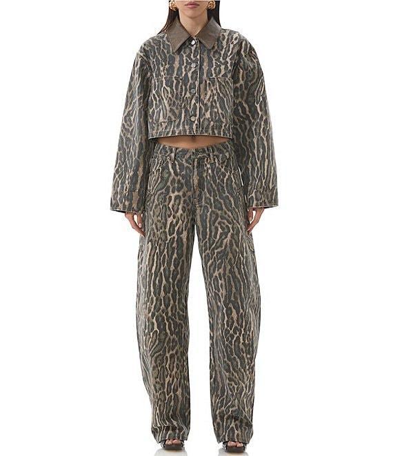 AFRM Wrenley Leopard Print Canvas Contrast Point Collar Long Sleeve Oversize Boxy Crop Jacket Product Image