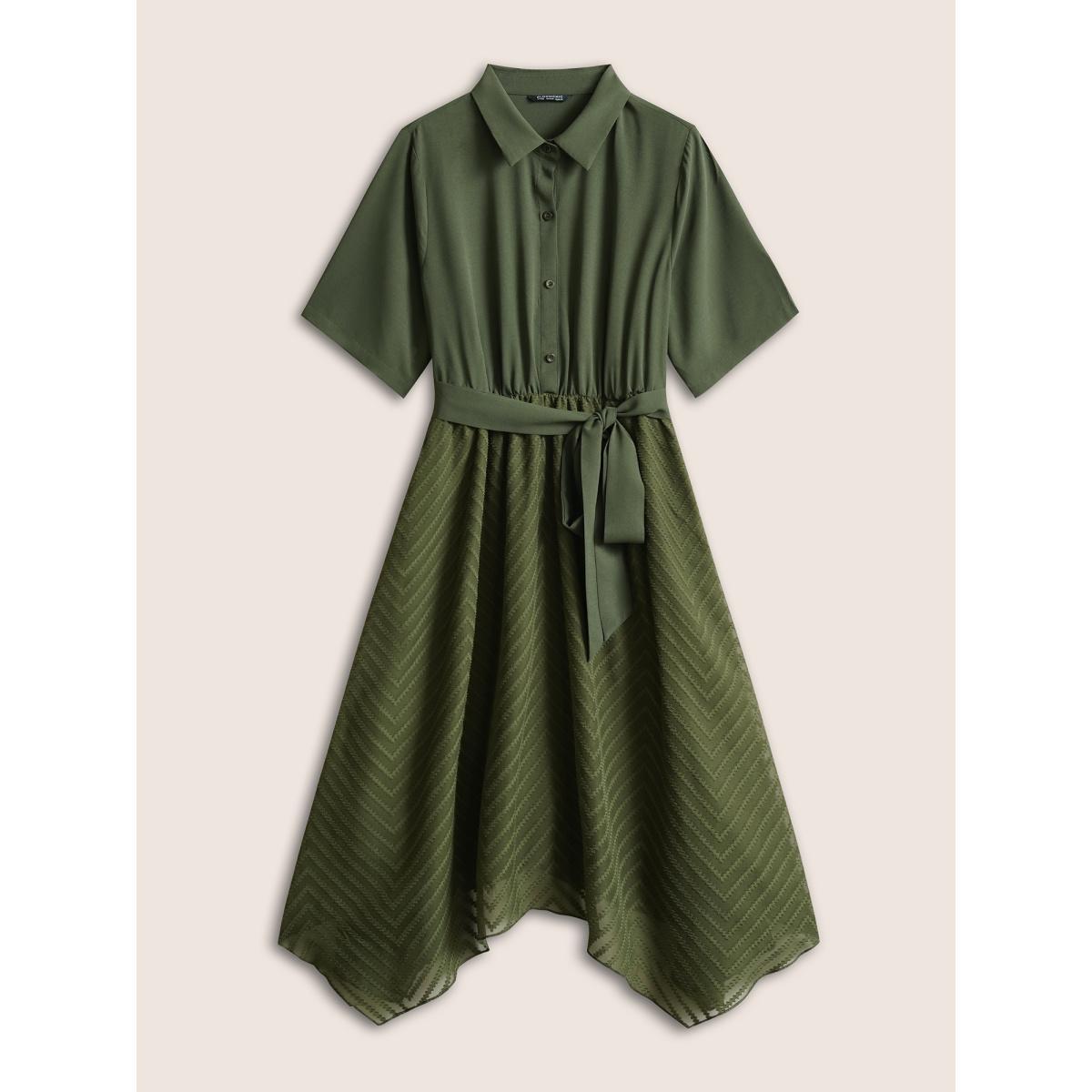 Plus Size Plain Texture Mesh Belted Asymmetrical Hem Dress ArmyGreen Women At the Office Texture Shirt collar Short sleeve Curvy Midi Dress BloomChic 28/5X Product Image