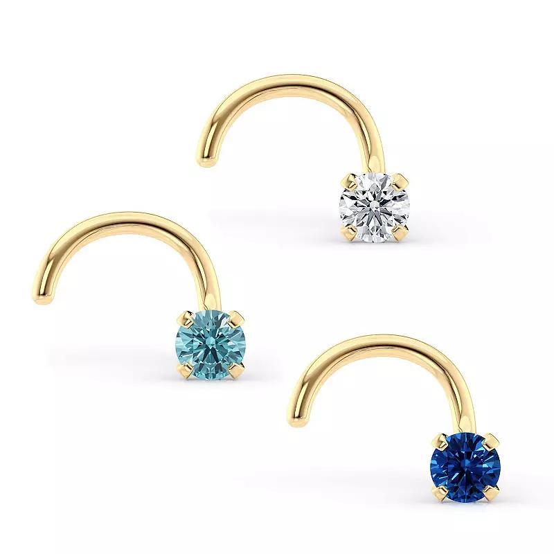 Lila Moon 14k Gold Blue & Clear Cubic Zirconia Curved Nose Studs Trio, Women's Product Image