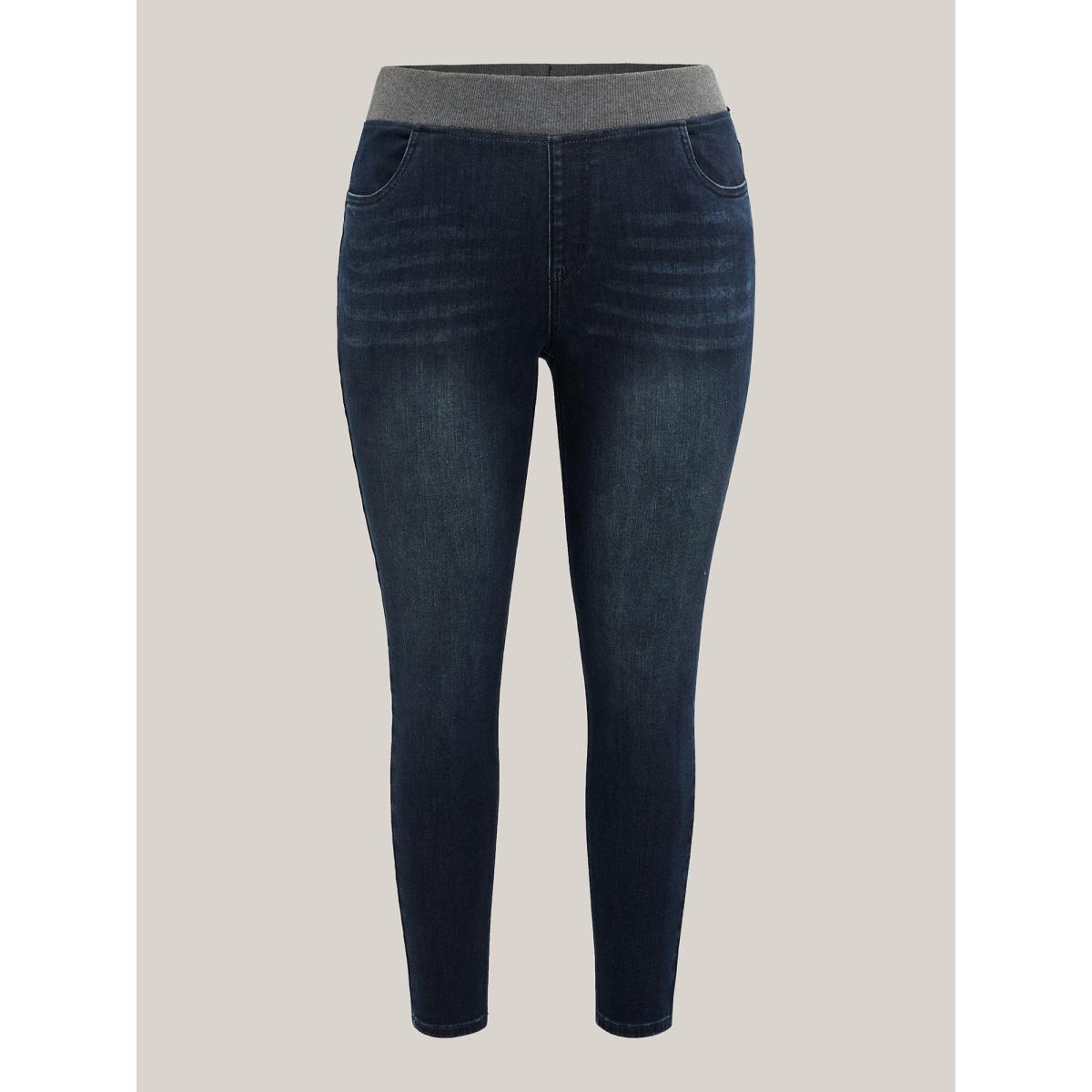 Plus Size Stretchy Whiskered Waist Skinny Knit Jeans Women Darkindigo Elegant Medium stretch Slanted pocket Jeans BloomChic 26/4X Product Image