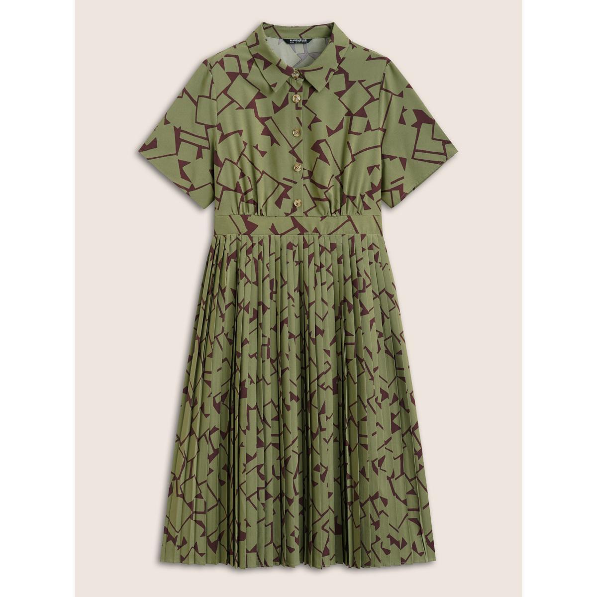 Plus Size Shirt Collar Geometric Button Up Pleated Dress Moss Women At the Office Pleated Shirt collar Short sleeve Curvy Midi Dress BloomChic 14-16/1X Product Image