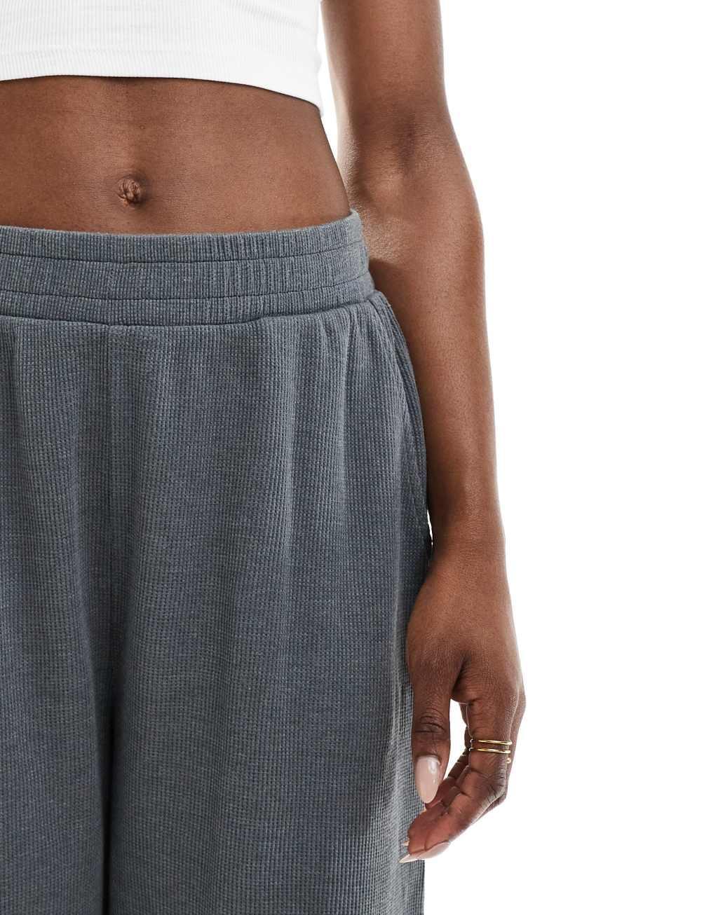 ASOS DESIGN waffle wide leg pants in washed charcoal - part of a set Product Image