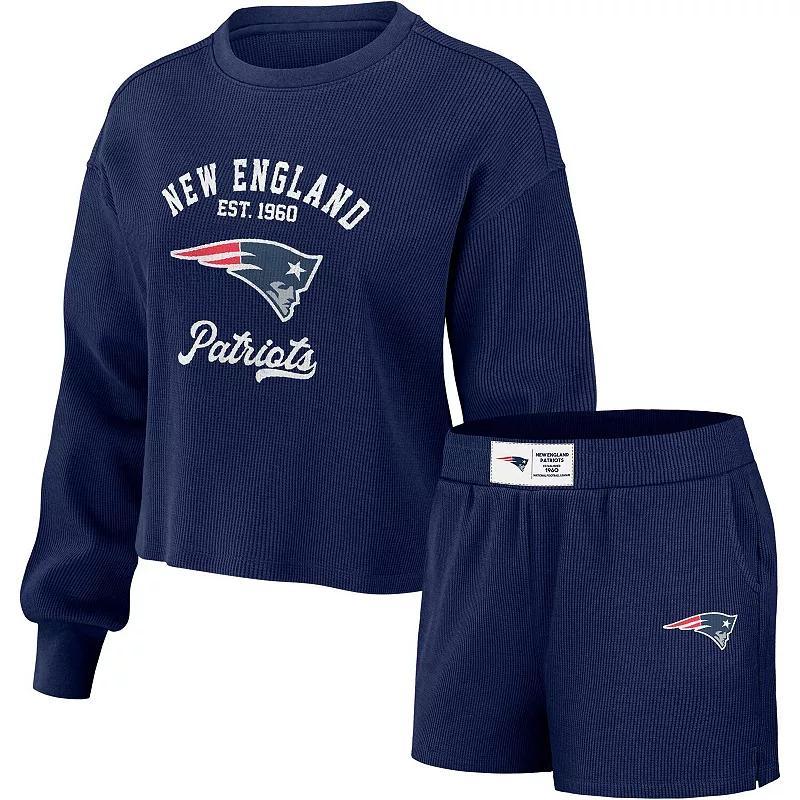 Women's WEAR by Erin Andrews Navy Denver Broncos Waffle Knit Long Sleeve T-Shirt & Shorts Lounge Set, Size: 2XL, Blue Product Image