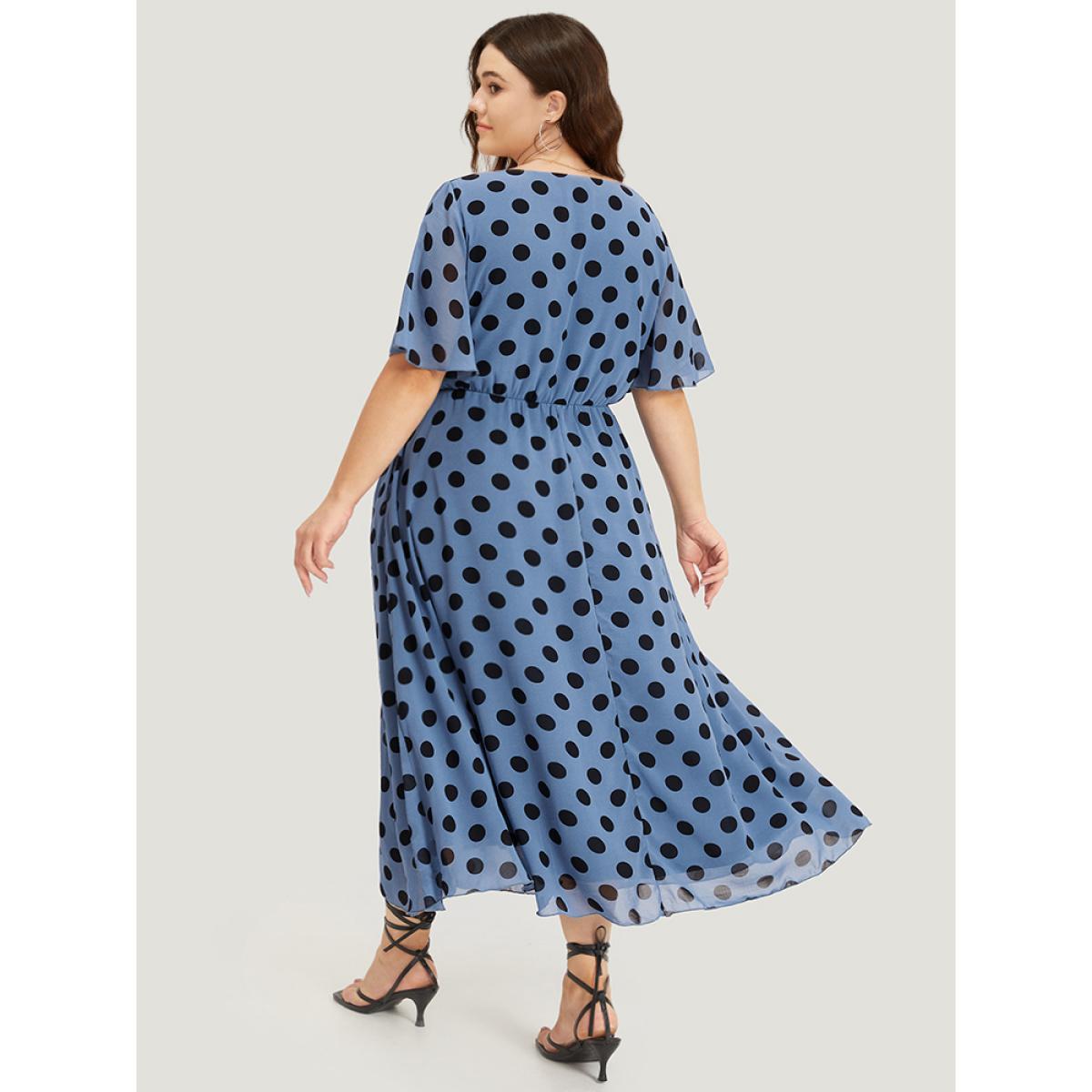 Plus Size Polka Dot Two Tone Pocket Surplice Neck Dress Stone Women Elegant Wrap Square Neck Short sleeve Curvy Midi Dress BloomChic 12/L Product Image