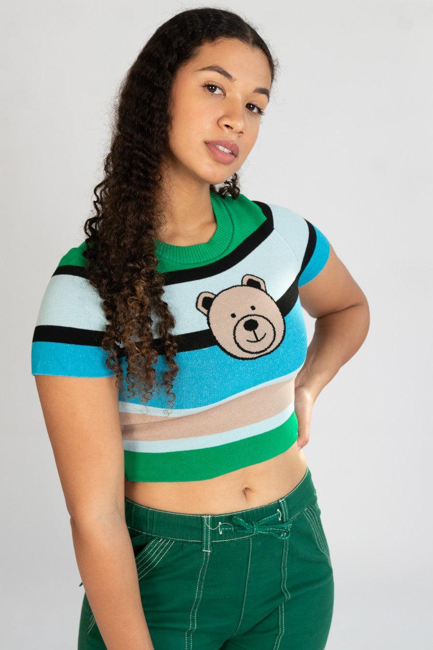 Short Sleeve Striped Teddy Bear Sweater Product Image