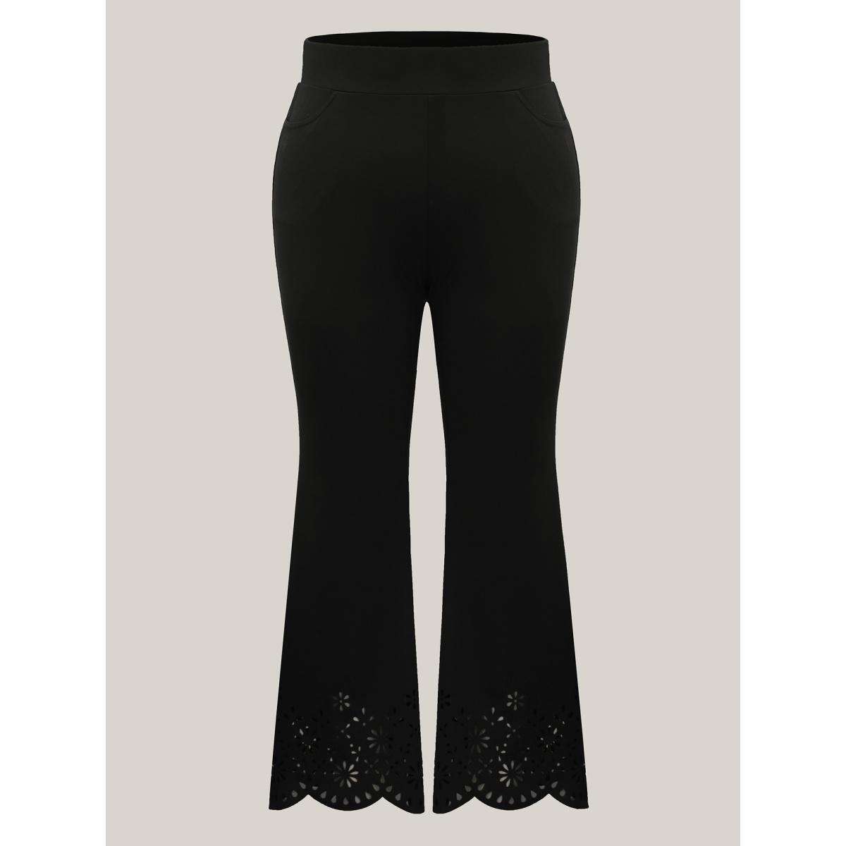 Plus Size Scalloped Laser Cut Bootcut Pants Women Black Elegant Bootcut Mid Rise Everyday-Elegant Pants BloomChic 18-20/2X Product Image