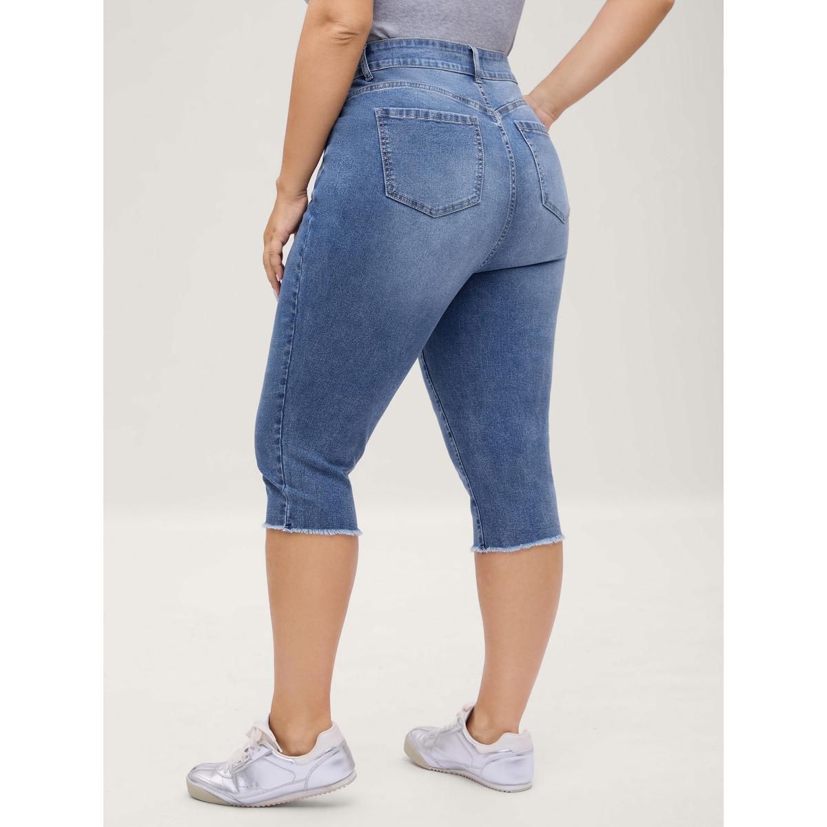 Plus Size No-Gap Waist Stretchy Faded Jeans Women Midblue Casual High stretch Slanted pocket Jeans BloomChic 10/M Product Image