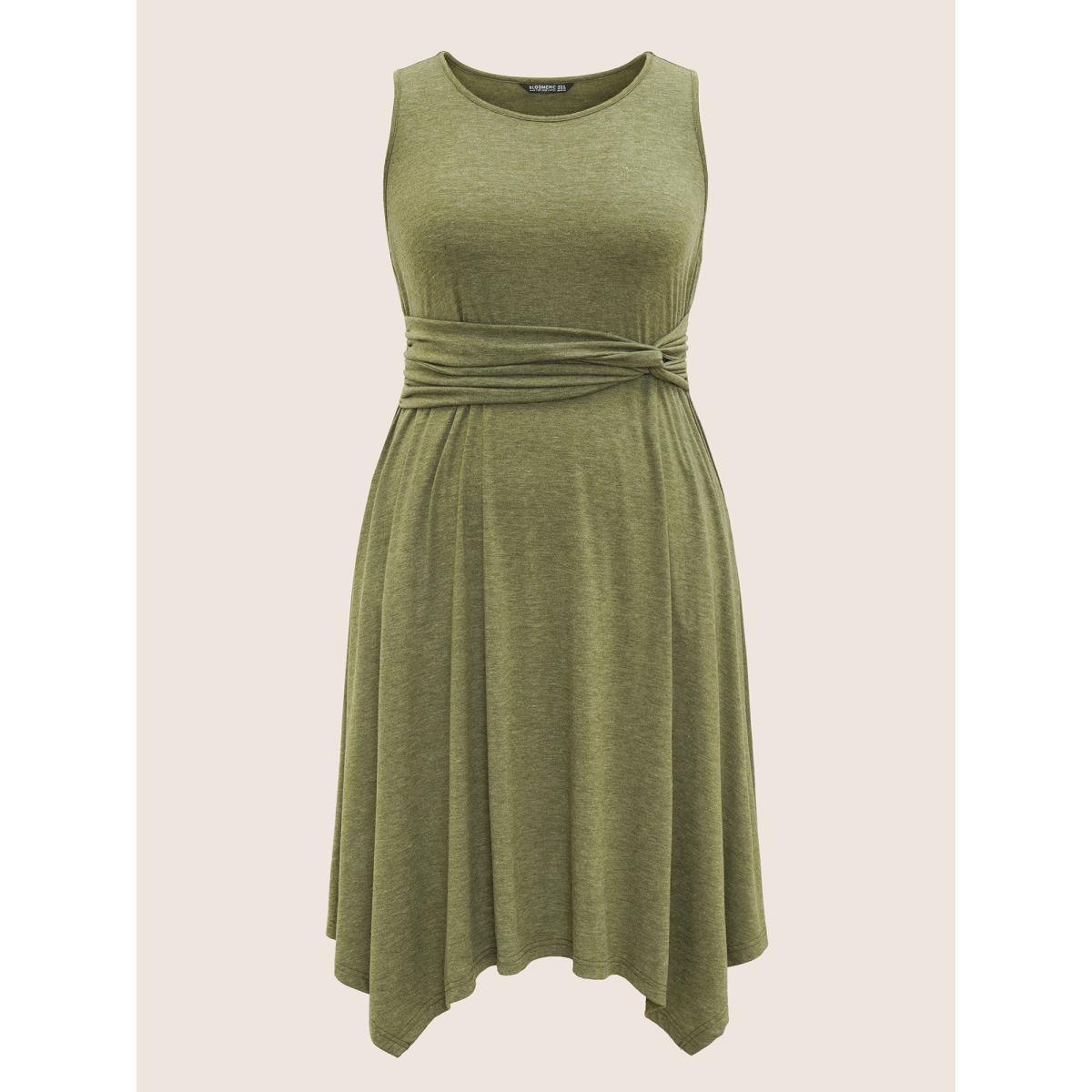 Plus Size Supersoft Essentials Twist Front Ruched Dress Moss Women Casual Asymmetrical Round Neck Sleeveless Curvy Midi Dress BloomChic 28/5X Product Image