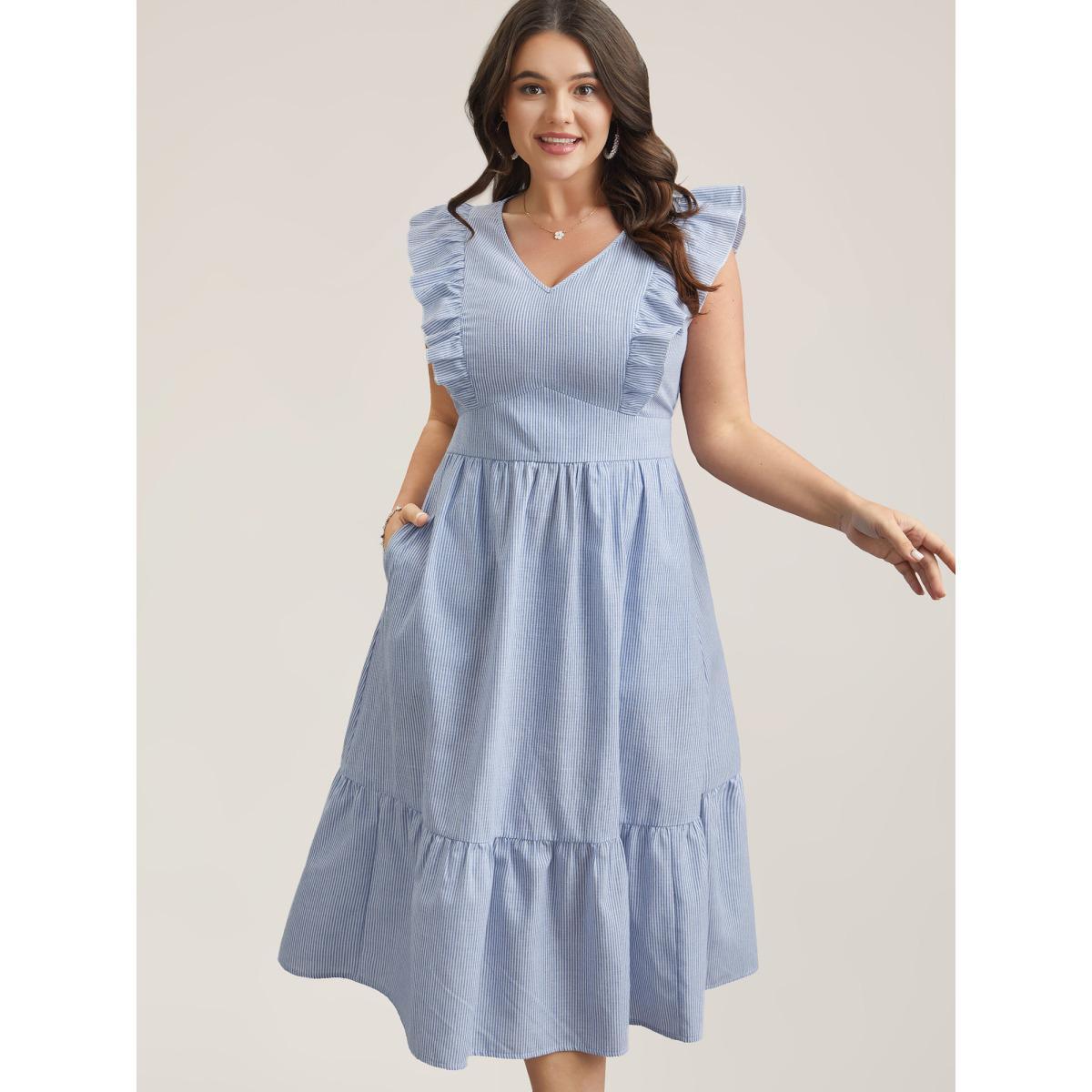 Plus Size Ruffled Striped Print Triangular Waist Midi Dress Skyblue Women Elegant Ruffles V-neck Cap Sleeve Curvy BloomChic 26/4X Product Image