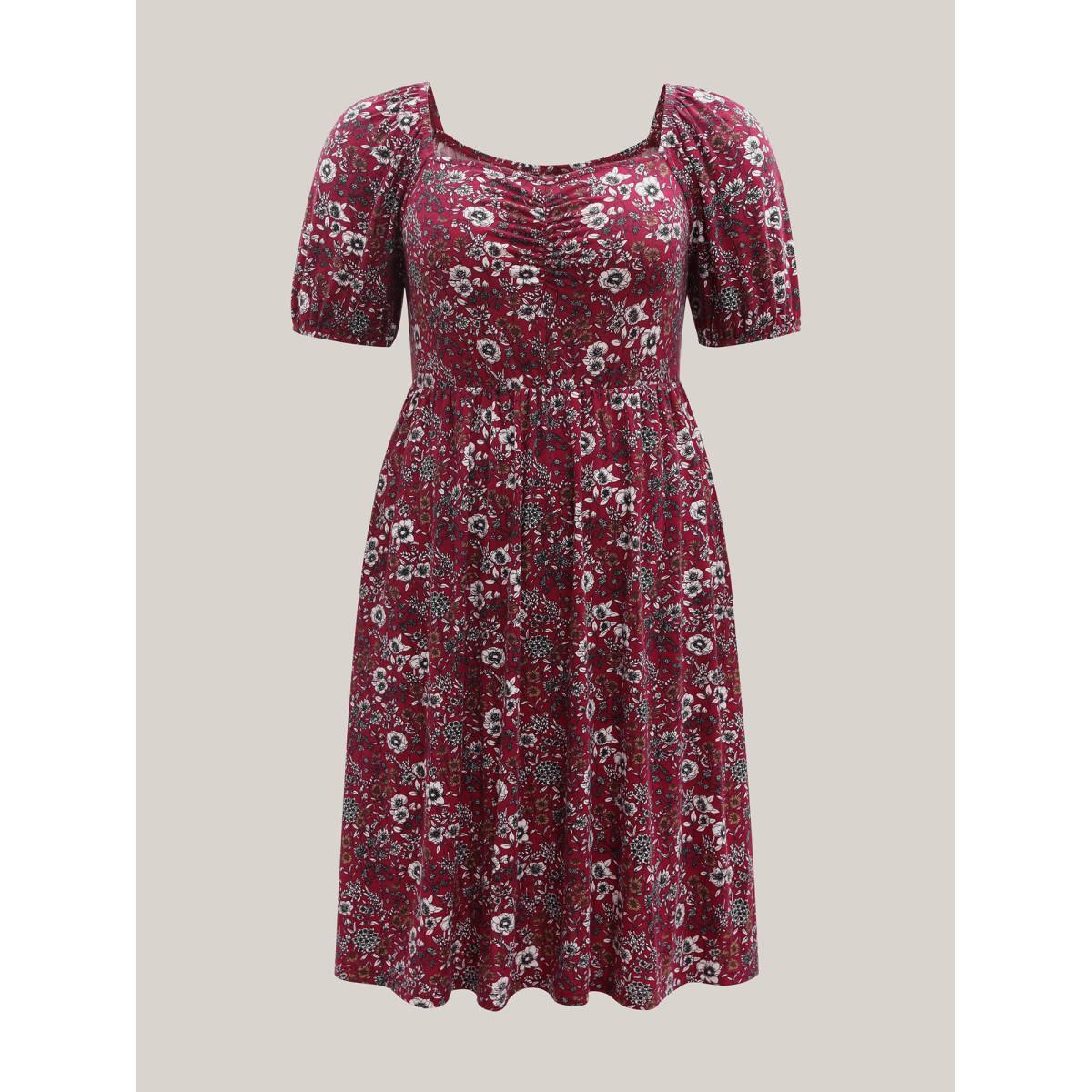 Plus Size Stretchy Ruched Bust Floral Midi Dress Burgundy Women Knit Dresses Bloomchic 30/6X Product Image