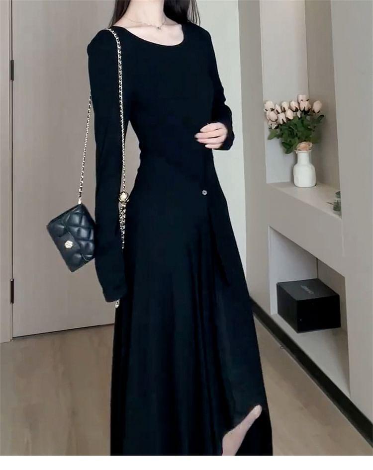 Long Sleeve Crew Neck Plain Slit Ruffle Hem A-Line Midi Dress Product Image