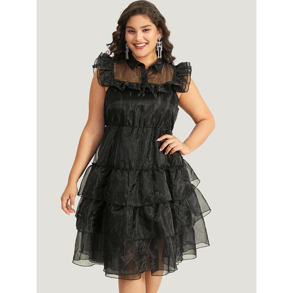 Plus Size Halloween Solid Mesh Layered Ruffle Wednesday Dress Black Women Glamour See through Shirt collar Sleeveless Curvy Midi Dress BloomChic 26/4X Product Image