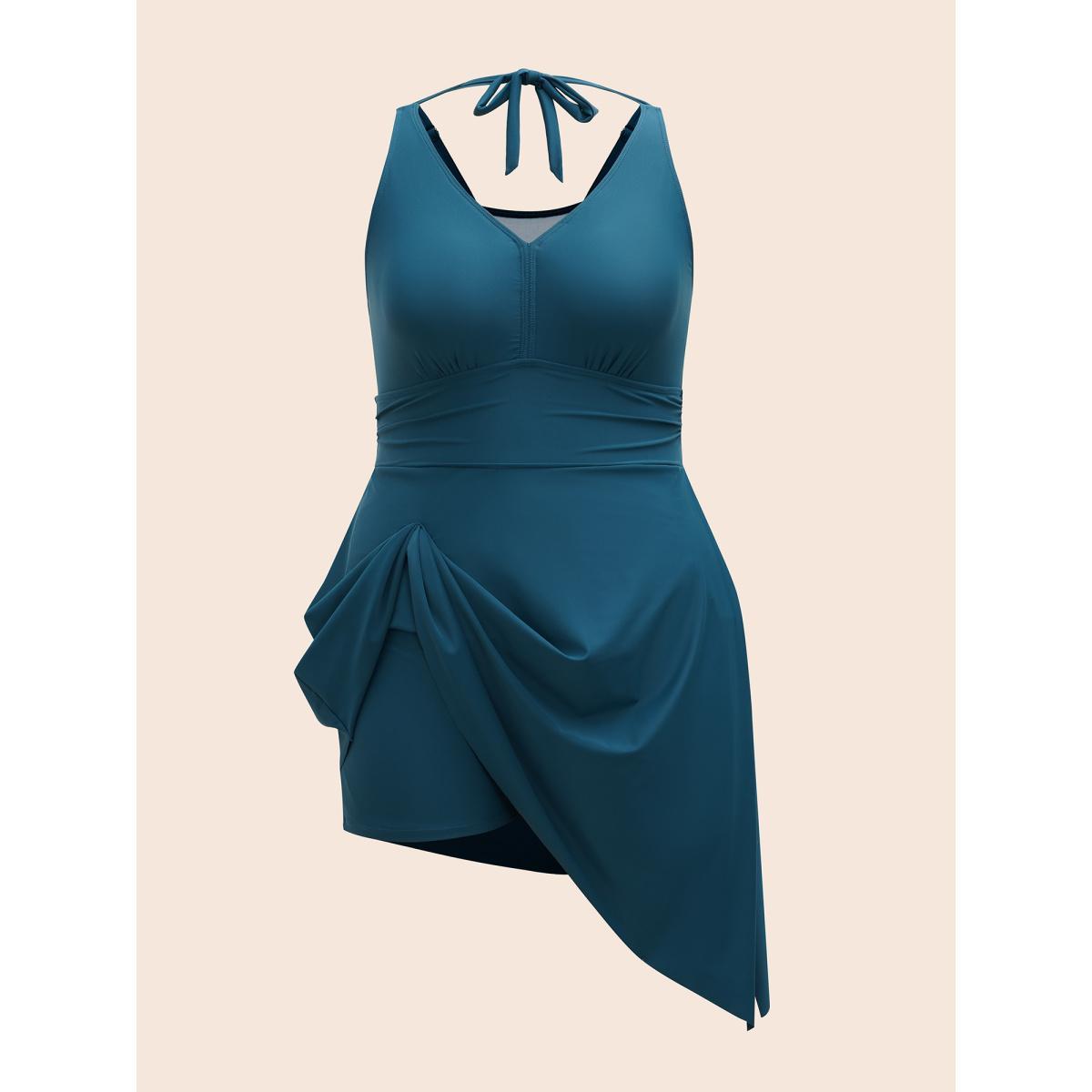 Plus Size Side-Tie Halter Neck Pockets Swim Dress Women's Swimwear Cyan Beach Bodycon V-neck High stretch Curve Swim Dresses BloomChic 18-20/2X Product Image