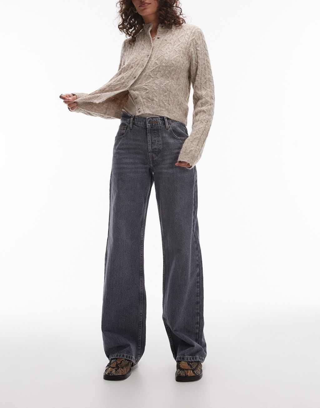 Topshop Ember low rise wide leg jeans in gray  Product Image