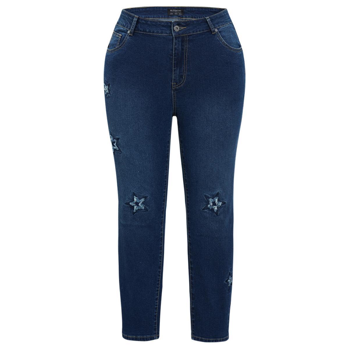 Plus Size Very Stretchy High Rise Medium Wash Star Embroidery Jeans Women Blue Casual Star and moon Embroidered High stretch Jeans BloomChic 24/3X Product Image
