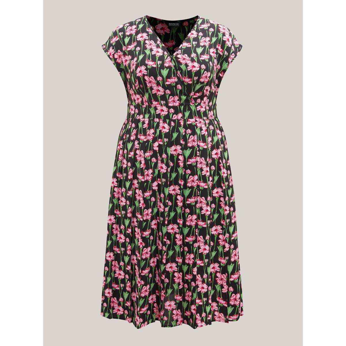 Plus Size Floral Print Shirred Pleated Midi Dress BlackFlower Women Overlap Collar Cap Sleeve Curvy BloomChic 10/M Product Image