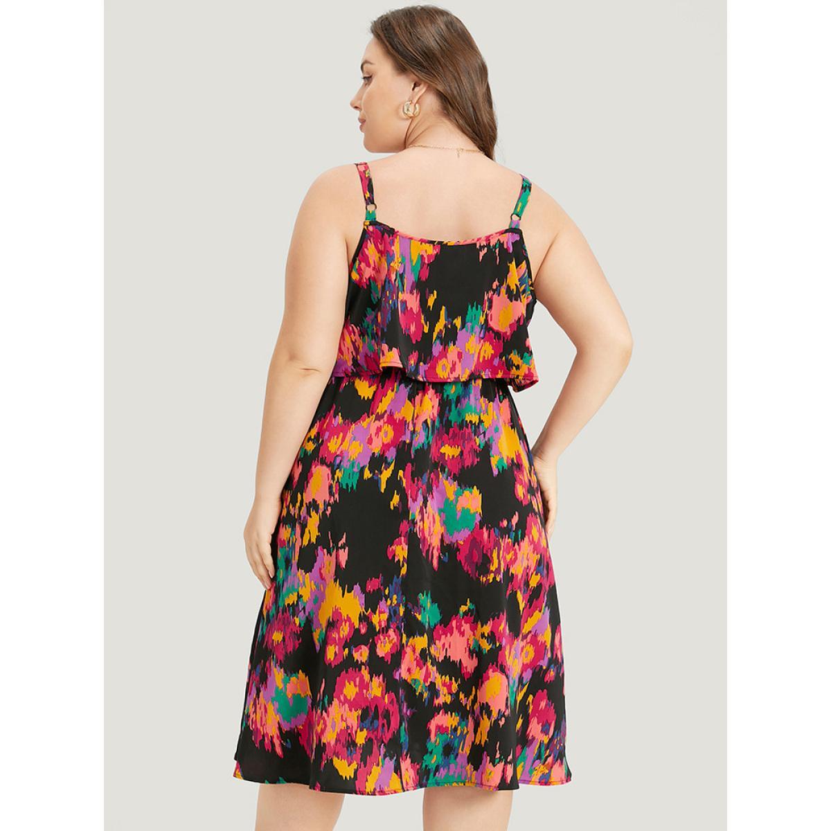 Plus Size Pixel Flower Pocket Gathered Cami Dress Multicolor Women Elegant Pocket Spaghetti Strap Sleeveless Curvy Midi Dress BloomChic 22-24/3X Product Image