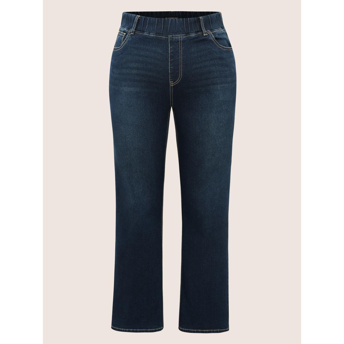 Plus Size Solid Elastic Waist Pocket Full Length Jeans Women Indigo Casual Plain Plain High stretch Slanted pocket Jeans BloomChic 20/2X Product Image