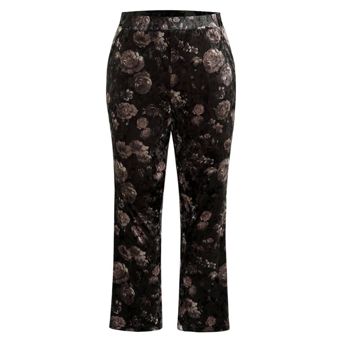 Plus Size Floral Texture Velvet Flare Leg Pants Women BlackFlower Elegant Flare Leg High Rise Dailywear Pants BloomChic 10/M Product Image