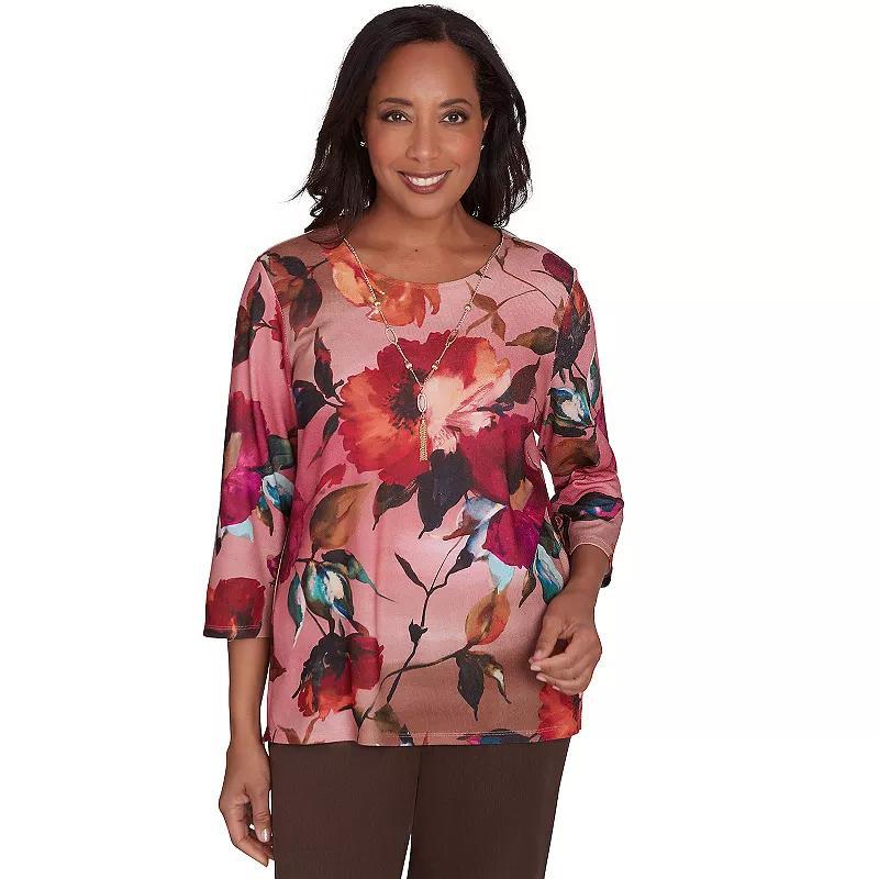 Petite Alfred Dunner Dramatic Floral Crewneck Top with Detachable Necklace, Women's, Size: Large Petite, Multi Red Product Image