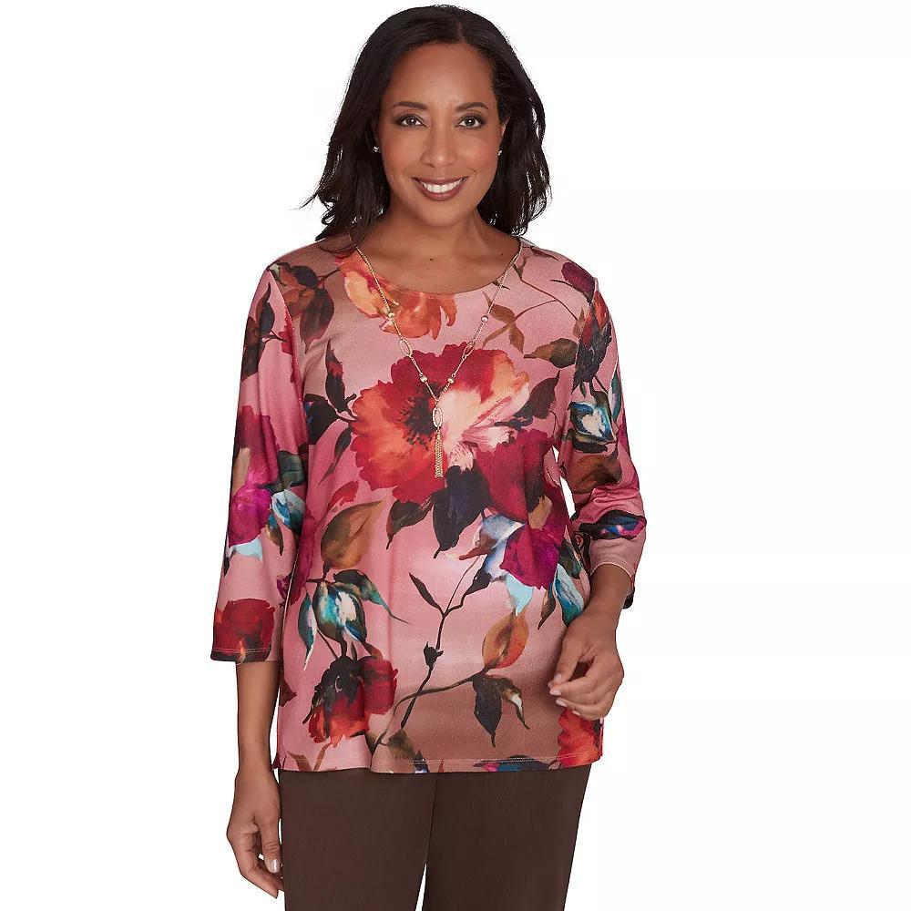 Petite Alfred Dunner Dramatic Floral Crewneck Top with Detachable Necklace, Women's, Size: Large Petite, Multi Red Product Image
