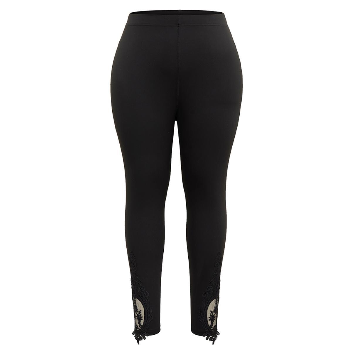 Plus Size High Rise Crochet Lace Mesh Hem Leggings Women Black Casual High stretch Skinny High Rise Dailywear Leggings BloomChic 10/M Product Image