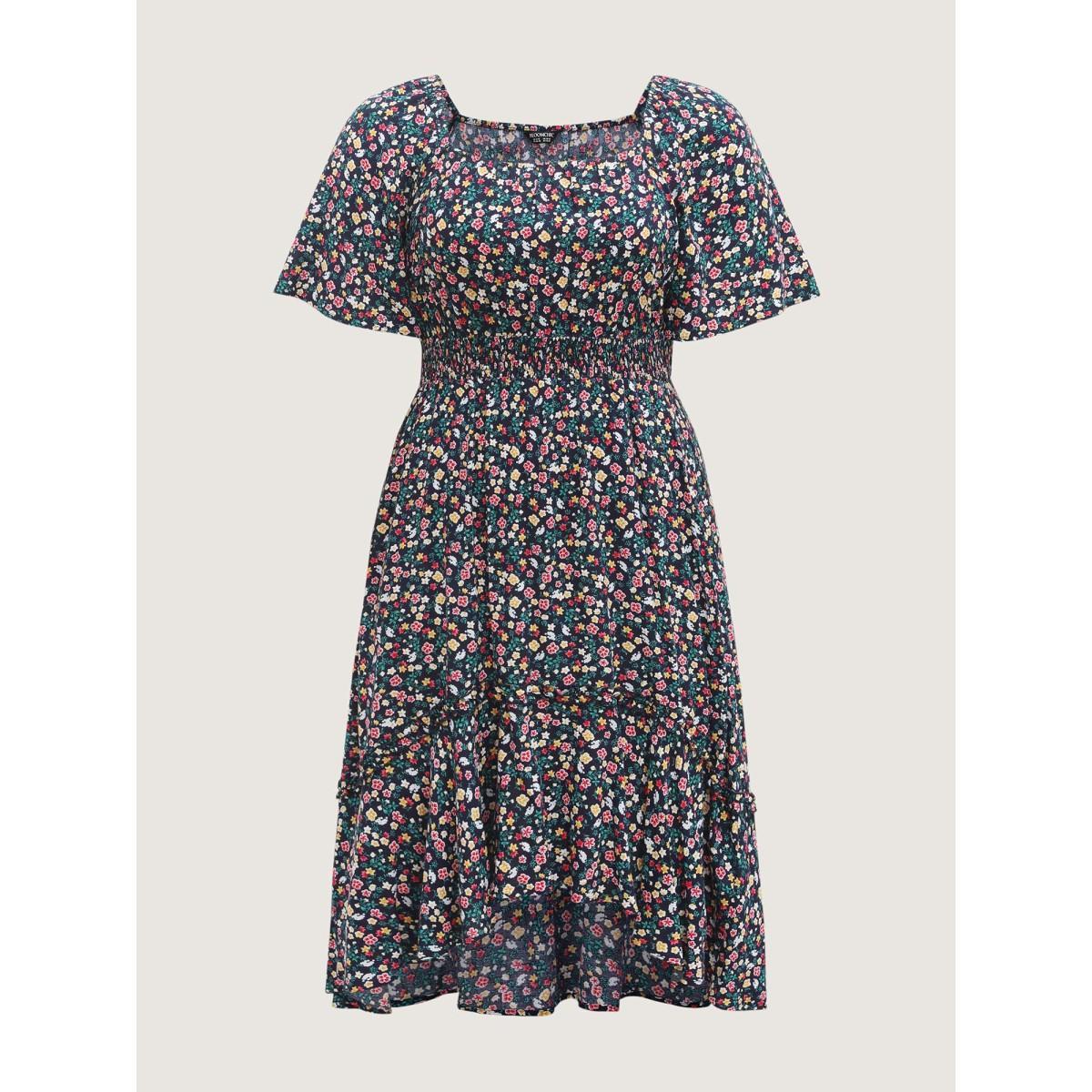 Plus Size Micro Floral Shirred Asymmetrical Midi Dress Navy Women Shirred Square Neck Short sleeve Curvy BloomChic 10/M Product Image