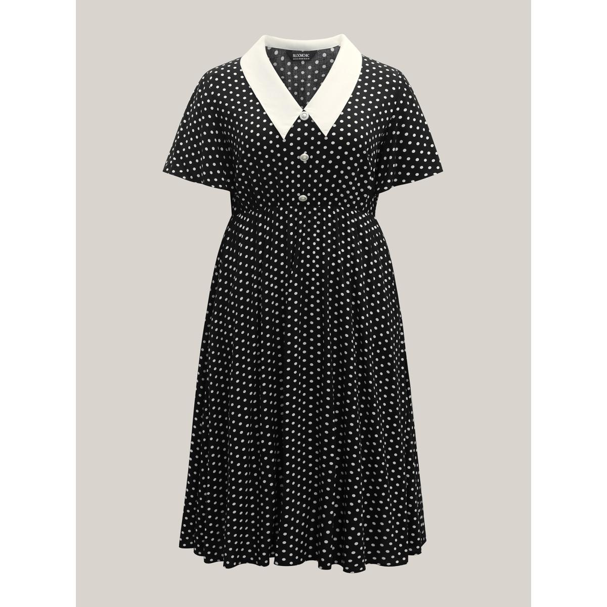 Plus Size Rayon Pretty Polka Dots Lapel Collar Dress BlackFlower Women Lapel Collar Short sleeve Curvy BloomChic 14-16/1X Product Image